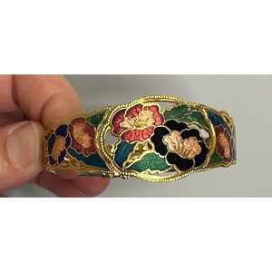 Vintage Cloisonne Enamel Floral Hinged Bangle Bracelet Gold Tone Multicolor